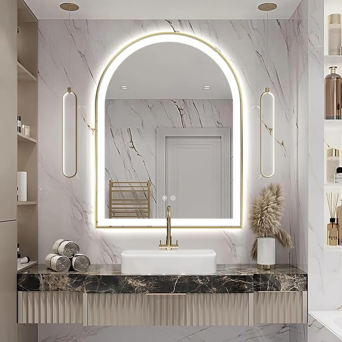 Arched LED Bathroom Mirror, 40"x30" Arch Backlit Vanity Mirror with Lights, Frontlit, Dimmable, 3 Colors, Memory Function, Anti-Fog Smart Mirror, Shiny Gold Frame, Shatterproof, UL Listed