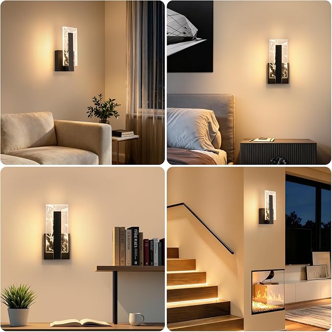 LED Wall Sconces Set of Two, Hardwire Modern Wall Sconces, 3000K Warm White Light Black Wall Lights, Acrylic Bedside Wall Mount Light for Hallway, Bedroom, Study, Living Room Indoor, 2 Packs