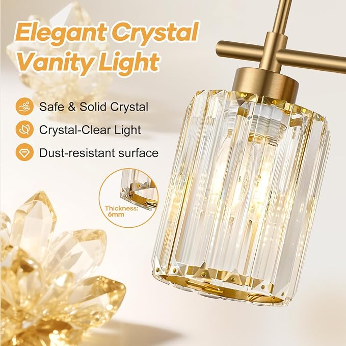Modern Crystal Bathroom Vanity Light, 2-Light Brushed Gold Bathroom Light Fixtures with Clear Shades, Vanity Lighting Fixtures Over Mirror (Exclude Bulb)