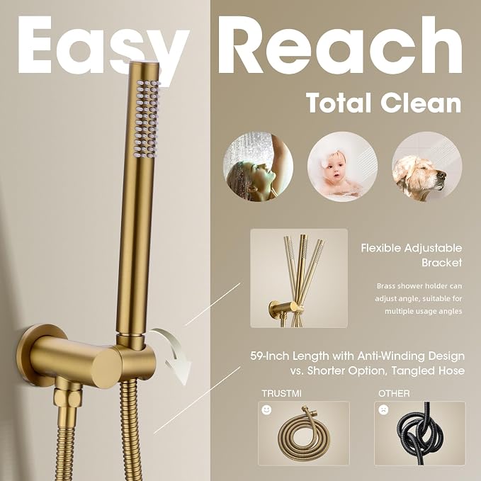TRUSTMI 12" Ceiling Mount Rainfall, Pressure Balanced Valve, Brushed Gold | Solid brass kit with push-button diverter for handheld spray. cUPC valve prevents scalding for family safety