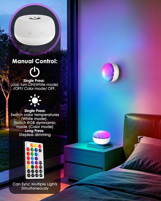 Rechargeable Shower Light, 4″ Round, 300LM Bright, 4000mAh Waterproof Shower Lamp with Remote, 15 RGB Colors & 3 CCT White, Dimmable Cordless LED Bathroom Light, Magnetic Mount Mood Lighting