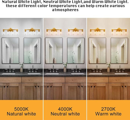 4 Light Gold Bathroom Vanity Light, Brushed Brass Bathroom Light Fixtures with Clear Glass Shade, Modern Wall Lamp Sconce Lighting for Bath Mirror Bedroom Living Room Hallway Porch