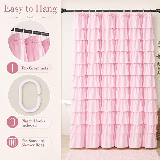 Pink Ruffle Shower Curtain for Master Bathroom, 72 x 84, Ruffled Layered | Romantic Feminine Aesthetic, Extra-long 72x84, 12 Hooks Included, Machine Washable, Cascading Ruffle Tiers, Soft Microfiber