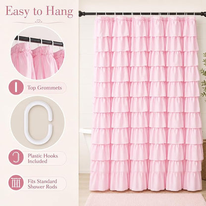 Pink Ruffle Shower Curtain for Master Bathroom, 72 x 84, Ruffled Layered | Romantic Feminine Aesthetic, Extra-long 72x84, 12 Hooks Included, Machine Washable, Cascading Ruffle Tiers, Soft Microfiber