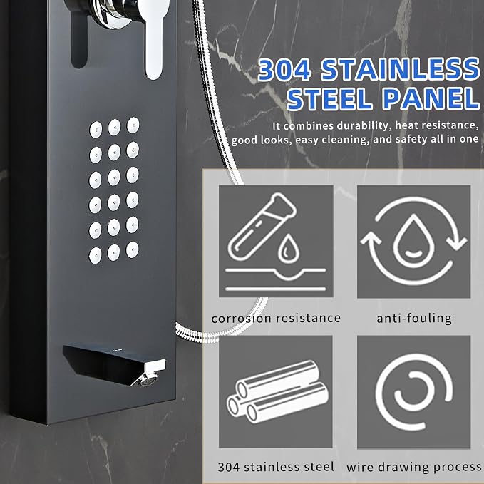 5-in-1 Shower Panel Tower System - Brushed Black | 304 stainless steel Shower Panel Tower Column with Powerful Body Jets, Rainfall, Waterfall,Handheld and Tub Spout