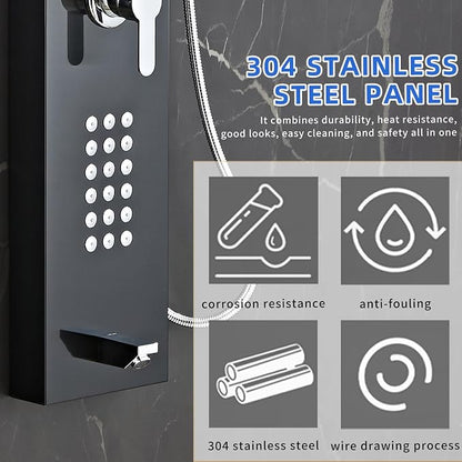 5-in-1 Shower Panel Tower System - Brushed Black | 304 stainless steel Shower Panel Tower Column with Powerful Body Jets, Rainfall, Waterfall,Handheld and Tub Spout