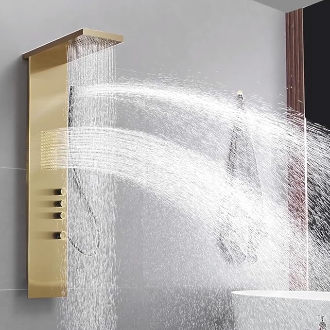 Shower Tower Bathroom Shower Panel System with Rainfall Shower Head Hand Shower and Large Area Body Spray, Stainless Steel Multi-Function Shower Fixtures, Brushed Gold