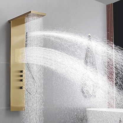 Shower Tower Bathroom Shower Panel System with Rainfall Shower Head Hand Shower and Large Area Body Spray, Stainless Steel Multi-Function Shower Fixtures, Brushed Gold
