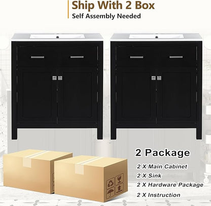 60" Black Bathroom Vanity with Double Sink, 60 Inch Bathroom Vanity Set with Double Vanities (Separate), 2 Bathroom Vanities with Sink, Adjustable Shelf, Soft Close Doors and Flip Drawer