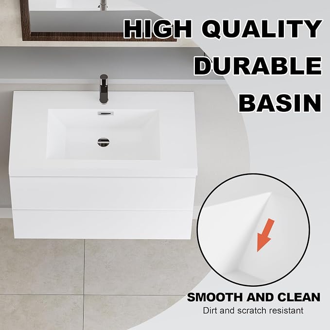 Pre-Assembled 36'' Wall Mounted Bathroom Vanity with Sink, Glossy White | Floating Bathroom Vanity with Solid Surface Top Basin, 2 Soft-Close Drawers, Resin Integrated Sink, Easy to Install & Clean