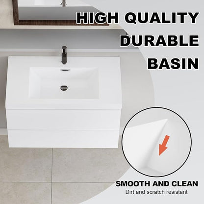 Pre-Assembled 36'' Wall Mounted Bathroom Vanity with Sink, Glossy White | Floating Bathroom Vanity with Solid Surface Top Basin, 2 Soft-Close Drawers, Resin Integrated Sink, Easy to Install & Clean