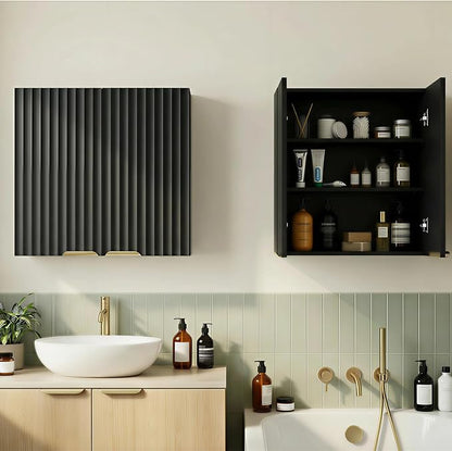 ChooChoo Bathroom Wall Cabinet, Laundry Room Cabinet with 2 Fluted Doors | Kitchen Storage Cupboard Cabinet with Adjustable Shelf, Fluted Wall-Mounted Medicine Cabinet for Kitchen, Garage, Black