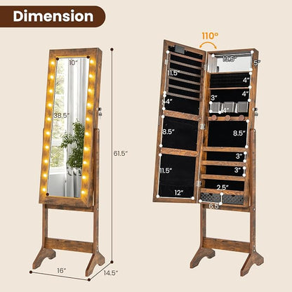 GOFLAME Jewelry Armoire Cabinet Standing, Lockable Full Length Mirror with Storage Shelves and 2 Drawers, Adjustable Tilt Angles, Stand Up Jewelry Box with Lighted Mirror (Rustic Brown)