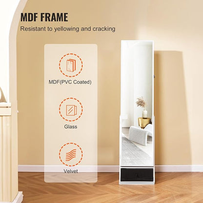 VEVOR 360° Swivel Jewelry Cabinet Armoire, 63-Inch Tall Lockable Jewelry Organizer with Full-Length Mirror, LED Light, Velvet Lining, Drawer, Freestanding, White