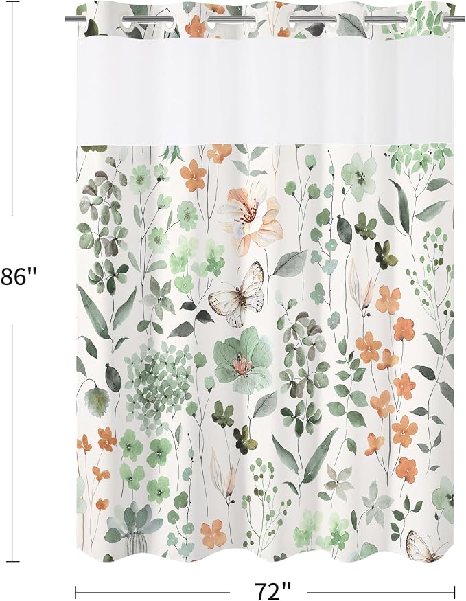 No Hook Sage Green Watercolor Floral Shower Curtain and Liner Set, 72x86 | Spring Flower Shower Curtains with Snap-in Liner for Farmhouse Bathroom Decor, Botanical Bathroom Curtain with Leaves