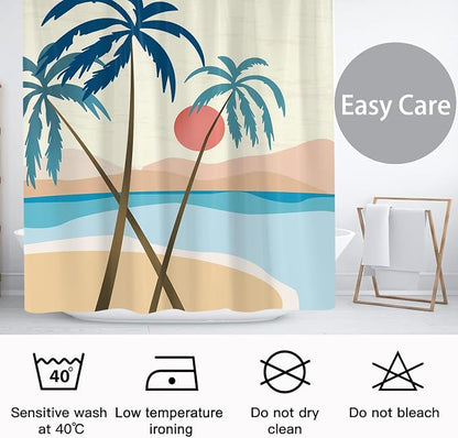 Beach Shower Curtain, Summer Boho Tropical Palm Tree Sunset Mid Century Abstract Modern Bathroom Decor, Waterproof Fabric Polyester Bathroom Curtain with 12 Hooks 72x72 in