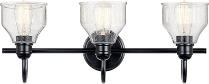 Kichler Avery 24" 3-Light Bathroom Vanity Light in Black with Clear Seeded Glass for Bathroom and Powder Room Vanity, Industrial Styling, (24" W x 9.5" H x 8.25" Ext.), 45973BK