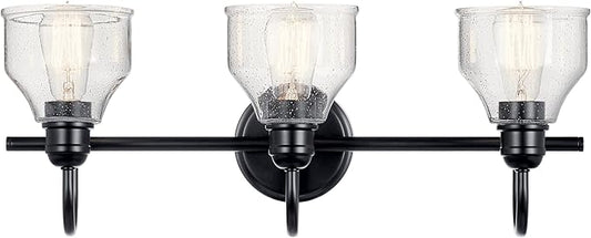 Kichler Avery 24" 3-Light Bathroom Vanity Light in Black with Clear Seeded Glass for Bathroom and Powder Room Vanity, Industrial Styling, (24" W x 9.5" H x 8.25" Ext.), 45973BK