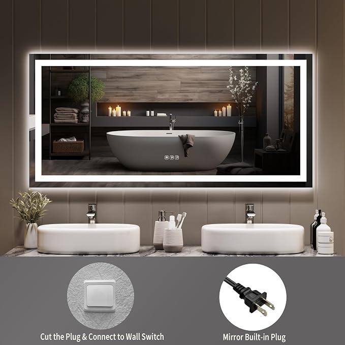 GarveeHome 60x36 Inch LED Bathroom Mirror with Lights, Dimmable Backlit & Frontlit Vanity Mirror, Anti-Fog, Shatterproof, 3X Magnification, Rectangular Wall Mounted Smart Mirror for Bathroom