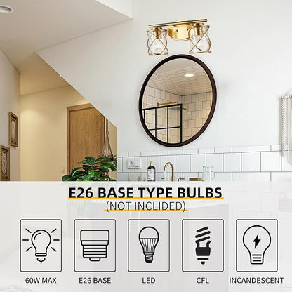 Modern Vanity Lights with Cage Shade, 2 Lights Over Mirror, Brushed Gold Vanity Light for Bathroom, Kitchen, Bedroom