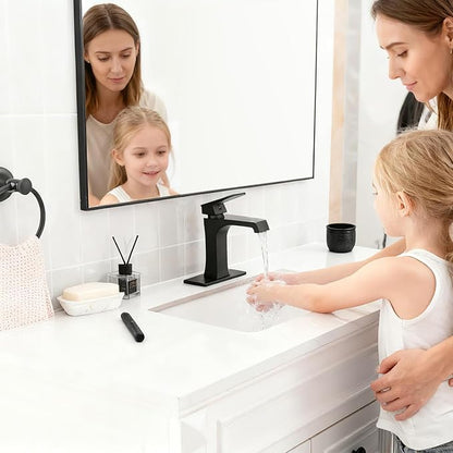 Waterfall Bathroom Faucet Black Bathroom Sink Faucet, Modern Single Hole Bathroom Faucet, Single Handle RV Sink Vanity Faucet—Includes Pop-Up Drain, Suitable for 1-Hole or 3-Hole
