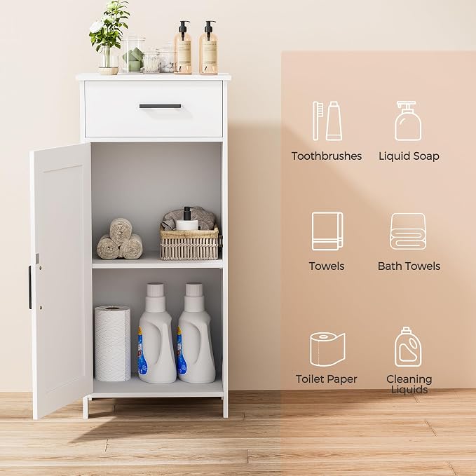 Homhedy Bathroom Storage Cabinet with Drawer & Adjustable Shelf | Freestanding Storage Cabinet for Bathroom, Entryway, Living Room & Kitchen, White, 15.7"W