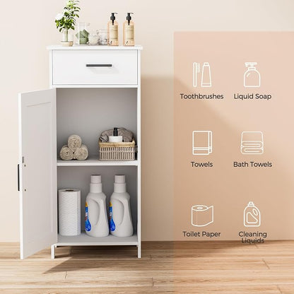 Homhedy Bathroom Storage Cabinet with Drawer & Adjustable Shelf | Freestanding Storage Cabinet for Bathroom, Entryway, Living Room & Kitchen, White, 15.7"W