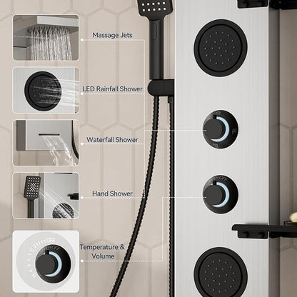 Homevacious 4 In 1 Shower Panel System with Shelf,LED Rainfall Shower Head and Massage Body Jets,3 Functions Handheld Head and Tub Spout,Stainless Steel Bathroom Shower Fixtures,Brushed Nickel