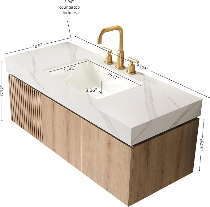 KEIKI 48 Inch Floating Bathroom Vanity with Sink, White Oak & White | Modern Wall Mounted Storage Cabinet w/ Drawer & Door, Pre-assembled Wood Panels, Sintered Stone Top & Ceramic Basin Combo Set