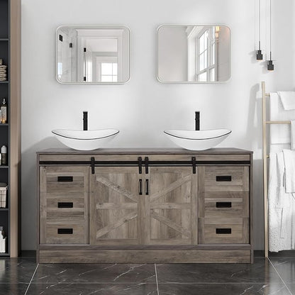 60" Barn Door Bathroom Vanity with 6 Drawers and Two Doors, Farmhouse Style Standing Pedestal Cabinet with Two White Ceramic Boat Sink with Black Trim