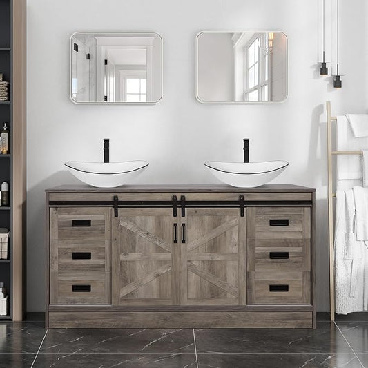 60" Barn Door Bathroom Vanity with 6 Drawers and Two Doors, Farmhouse Style Standing Pedestal Cabinet with Two White Ceramic Boat Sink with Black Trim