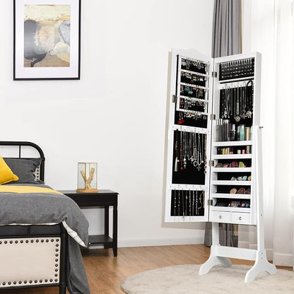 NAFORT Jewelry Armoire, Mirror with Jewelry Storage, 14 LED Lights Jewelry Organizer, Standing Lockable Jewelry Cabinet with Full Length Mirror, Jewelry Organizer with 2 Drawers, White