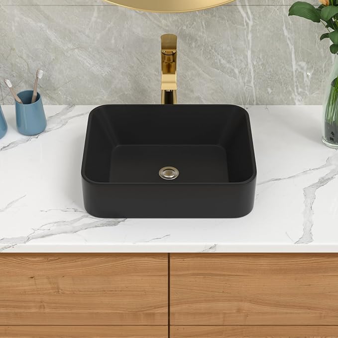 Lordear Black Vessel Sink 19"x15" Bathroom Sink Rectangle Above Counter Black Porcelain Ceramic Vessel Vanity Sink Art Basin