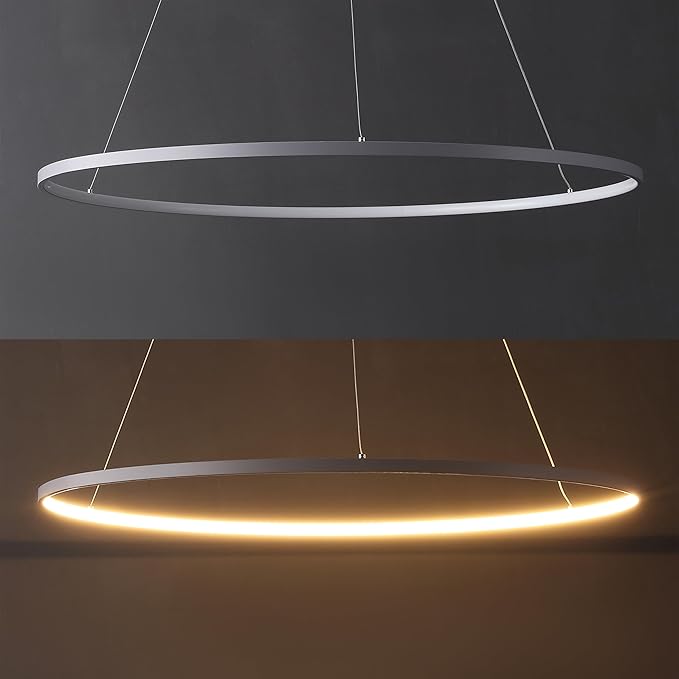 JONATHAN Y 35" Gray Modern Integrated LED Pendant Light, Dimmable Round Hoop Chandelier for Kitchen Island, Dining Room, Adjustable Height Metal Hanging Light (JYL7220E)
