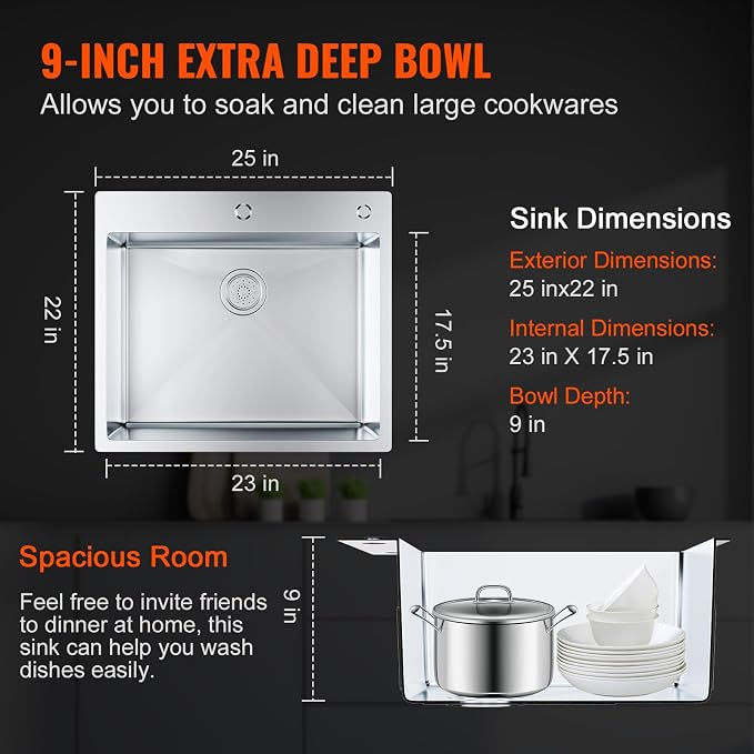 VEVOR Kitchen Sink, 304 Stainless Steel Recessed Sink, Top Mount Single Bowl with Accessories (2 Pack), Home Dishwasher Sink for Workstation, RV, Prep Kitchen and Bar Sink, 25"