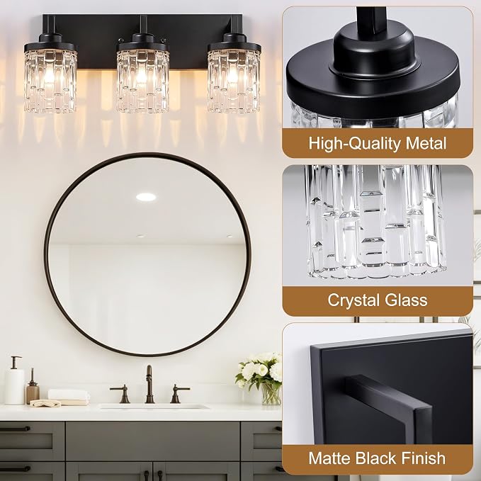 maesta Black Bathroom Light Fixture,3 Light Modern Vanity Light Over Mirror | Modern Vanity Light, Black Metal & Crystal Glass Fixture, Anti-Rust, Easy to Install for Bathroom Hallway Bedroom Entryway