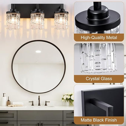 maesta Black Bathroom Light Fixture,3 Light Modern Vanity Light Over Mirror | Modern Vanity Light, Black Metal & Crystal Glass Fixture, Anti-Rust, Easy to Install for Bathroom Hallway Bedroom Entryway