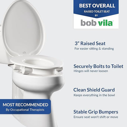 Bemis Assurance 3" Raised Toilet Seat for Seniors, Made in USA, Secure Hinges, Clean Shield Guard, Elongated, White