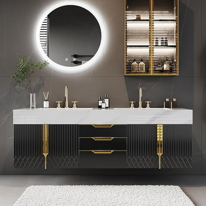 Bathroom Vanity with Sink, Modern Bathroom Vanity with Faux Marble Top, Gold Hardware & Soft-Close Drawers for Bathroom Storage (59.1 Inch, Black, Double Sink & Floating)
