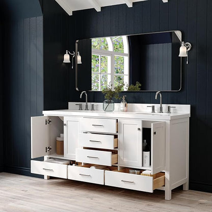 ARIEL Cambridge 72-inch Bathroom Vanity with Sink,Solid Wood, 1.5-inch Pure White Quartz Countertop & Backsplash, Double Oval Porcelain Sink, 4 Soft Closing Doors, 6 Dovetail Drawers, White