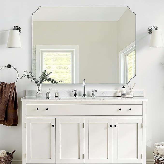36x48 Inch Chrome Mirror, Large Polished Nickel Rectangle Mirror, Scalloped Bathroom Mirror in Anti-Rust Stainless Steel Frame Deep 1’’, Rounded Notched Corner, Vertically/Horizontally