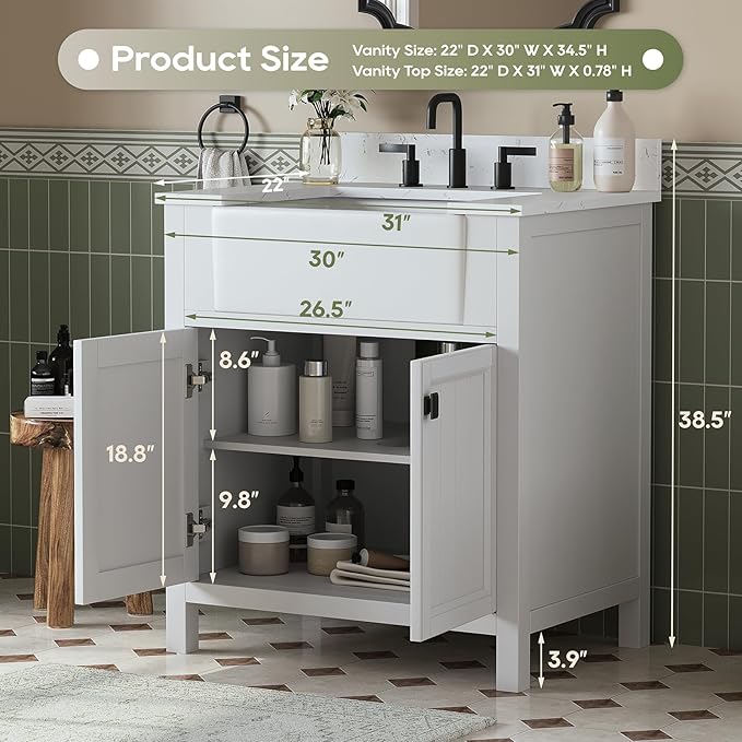 30 Inch Bathroom Vanity with Sink, Farmhouse Single Sink Bathroom Vanity with Adjustable Feet, Bathroom Storage Cabinet with Soft Closing Doors, Apron Farm Sink, White