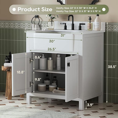 30 Inch Bathroom Vanity with Sink, Farmhouse Single Sink Bathroom Vanity with Adjustable Feet, Bathroom Storage Cabinet with Soft Closing Doors, Apron Farm Sink, White