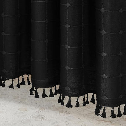 MitoVilla Black Boho Shower Curtains for Modern Bathroom Decor, Farmhouse Polyester Linen Fabric Cloth Shower Curtain with Tassel, 72 x 72