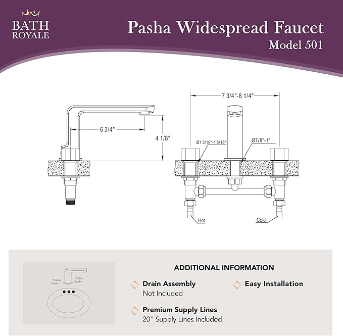 Bath Royale Classic 8" Pasha Lav Widespread Bathroom Sink Faucet with Brass Spout, Brushed Nickel