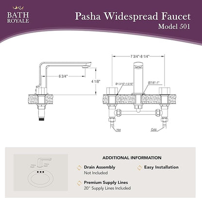 Bath Royale Classic 8" Pasha Lav Widespread Bathroom Sink Faucet with Brass Spout, Brushed Gold