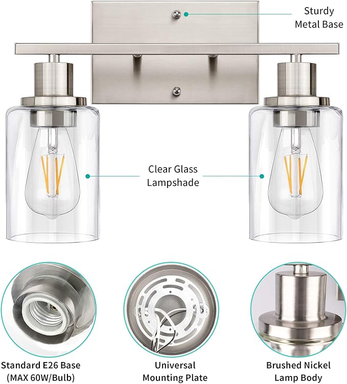 ShineTech 2-Light Bathroom Vanity Light Fixture, Brushed Nickel Bathroom Light Fixtures Over Mirror, Modern Wall Mounted Bathroom Lighting with Clear Glass Shade for Bathroom, Bedroom, Hallway