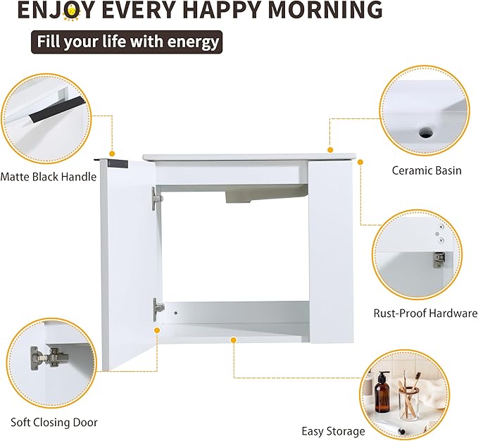 22 Inch Bathroom Vanity with Sink, 22" Wall Mounted Vanity Sink Combo for Small Space, Modern Bathroom Cabinet Set with Ceramic Basin Sink Top and Soft-Closing Door, White