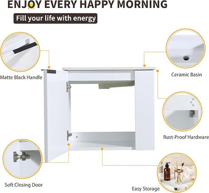 22 Inch Bathroom Vanity with Sink, 22" Wall Mounted Vanity Sink Combo for Small Space, Modern Bathroom Cabinet Set with Ceramic Basin Sink Top and Soft-Closing Door, White