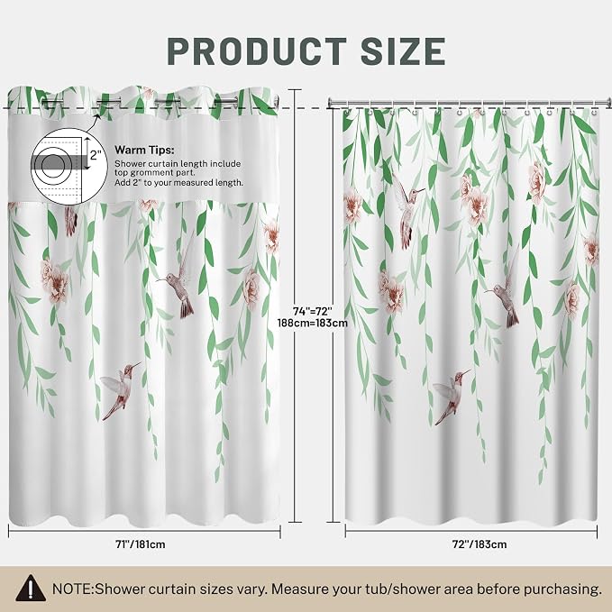 No Hook Floral Shower Curtain with Liner, Green Pink, 71x74 | Snap in Liner, 3 in 1, Water Repellent, Easy Install, Machine Washable, Hotel Style for Bathroom, Watercolor Pattern